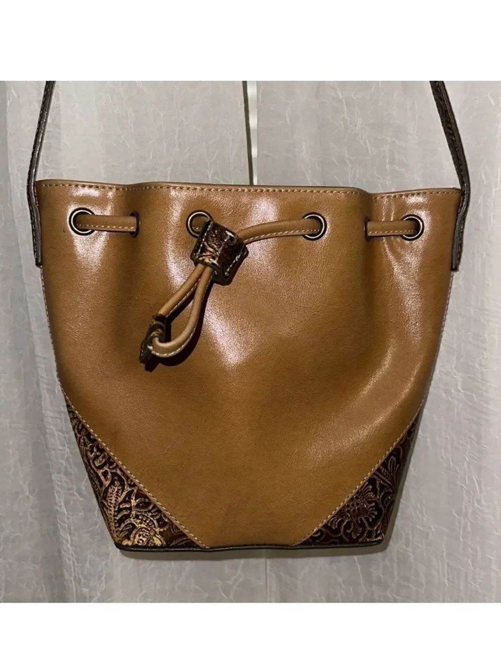NINE WEST Taupe Brown Engraved Faux Leather Floral Drawstring Bucket Bag Purse